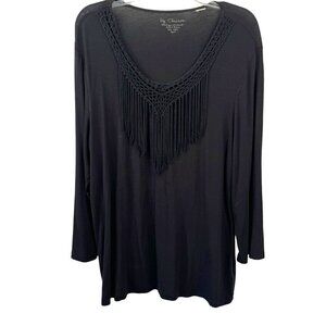 Chico's Black 3/4 Sleeve T Shirt Fringe at Neckline Rayon Chico's Sz 2(US L/12)